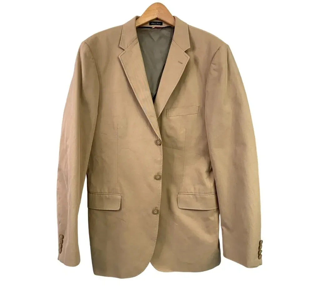 J Crew Tan Blazer Size 44L Italian Fabric Cotton 3 Button Summer Sports Coat